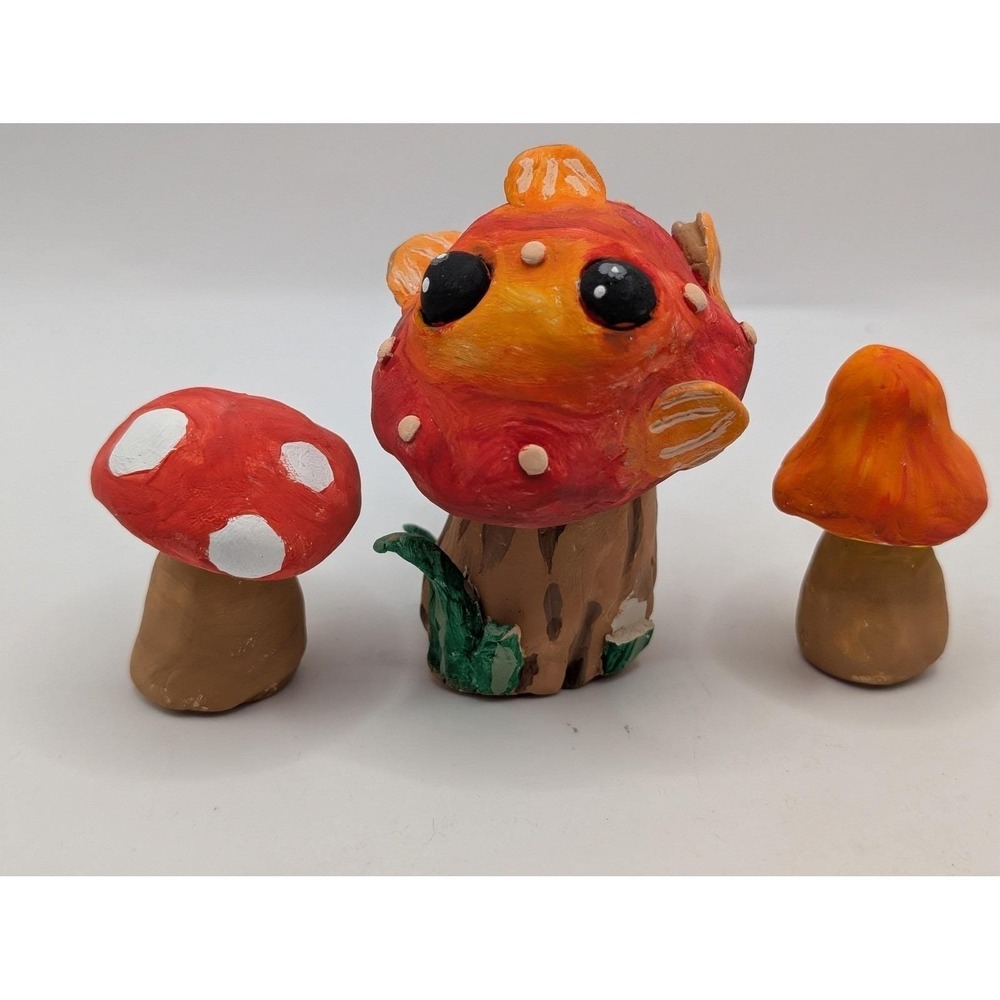 Handmade Clay Mushroom Trio Figurine Set Whimsical Cottagecore Decor Red Orange‎